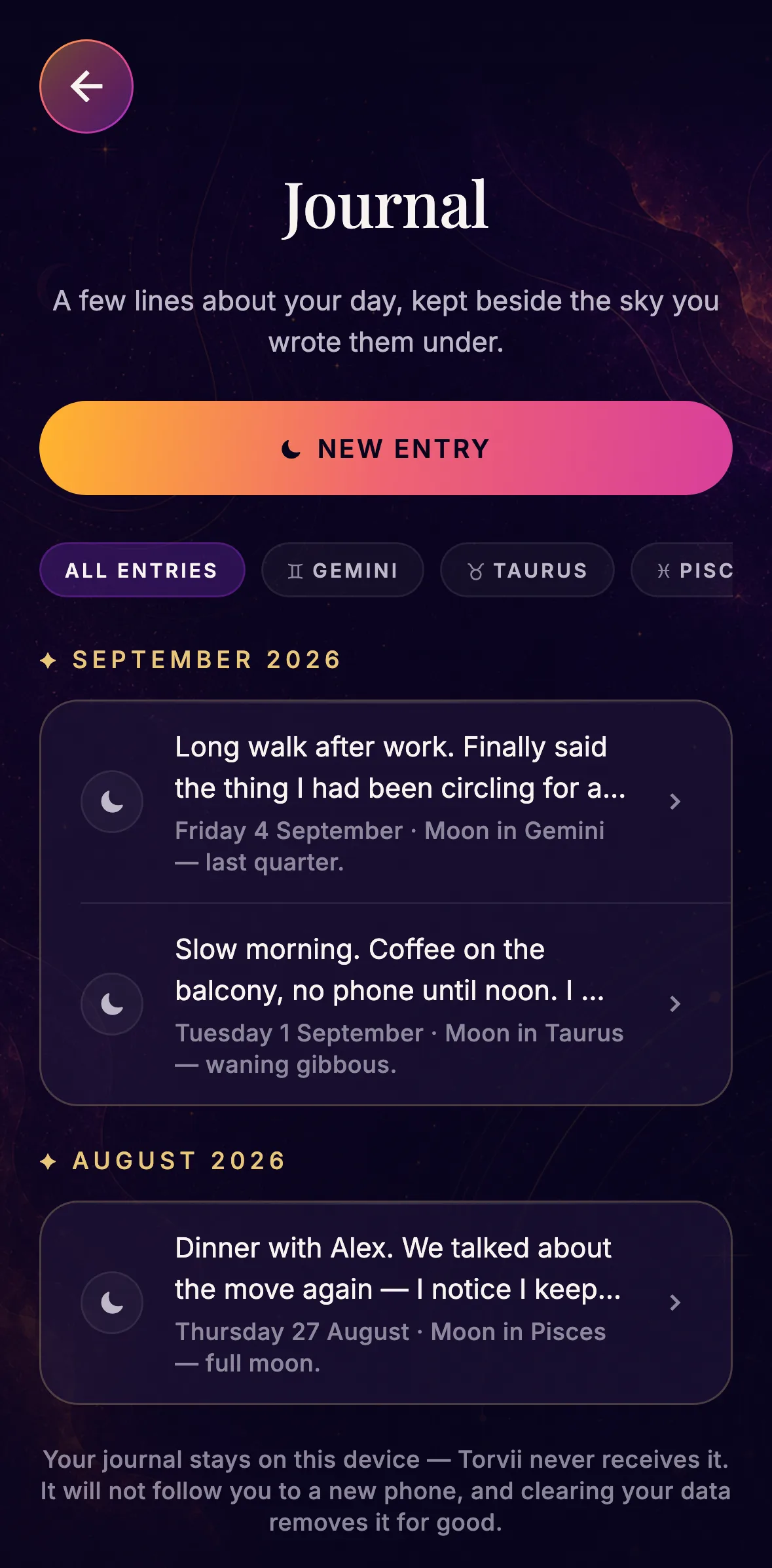 The Journal screen: three entries, each dated and stamped with the Moon’s sign and phase, with sign filters above them.