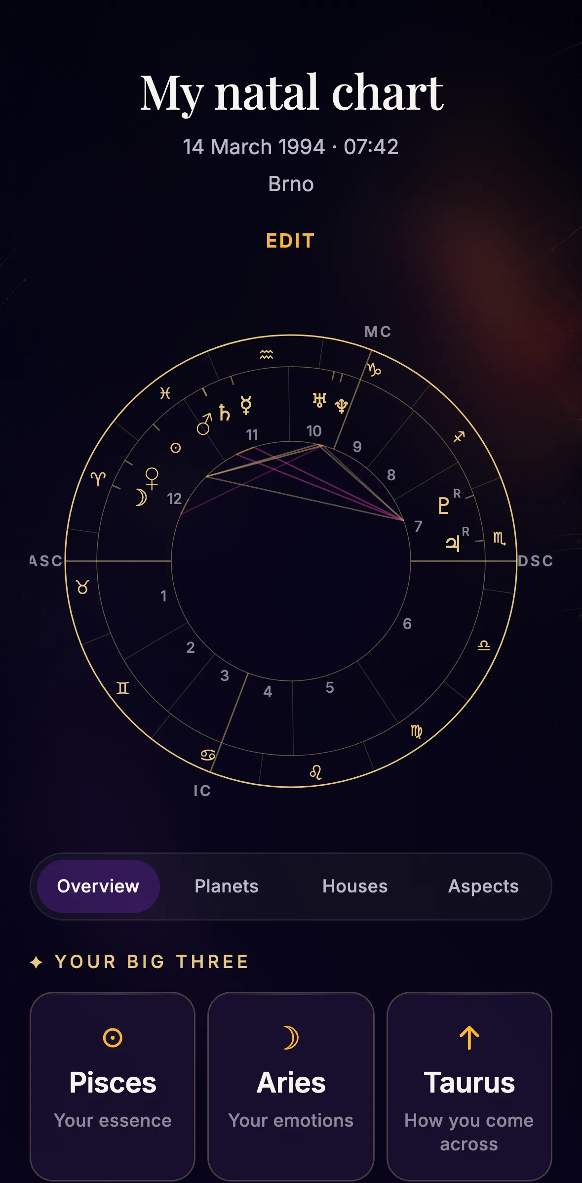 The Natal Chart screen: the birth-chart wheel with planets, houses and aspect lines, and the Big Three below it.