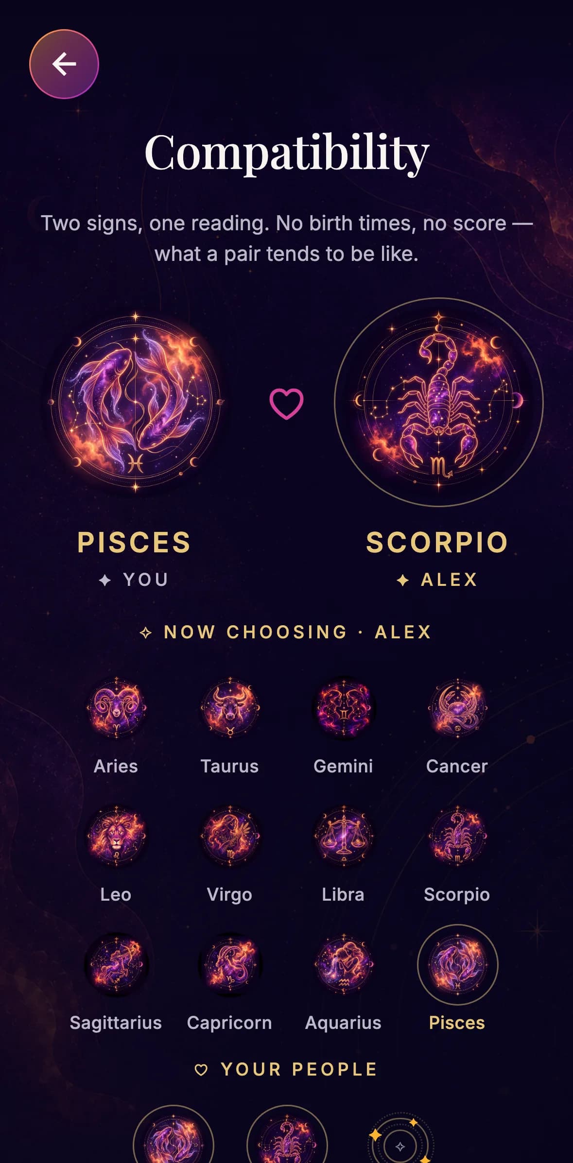 The Compatibility screen: Pisces and Scorpio side by side, the twelve signs to choose from, and the reader’s saved people.